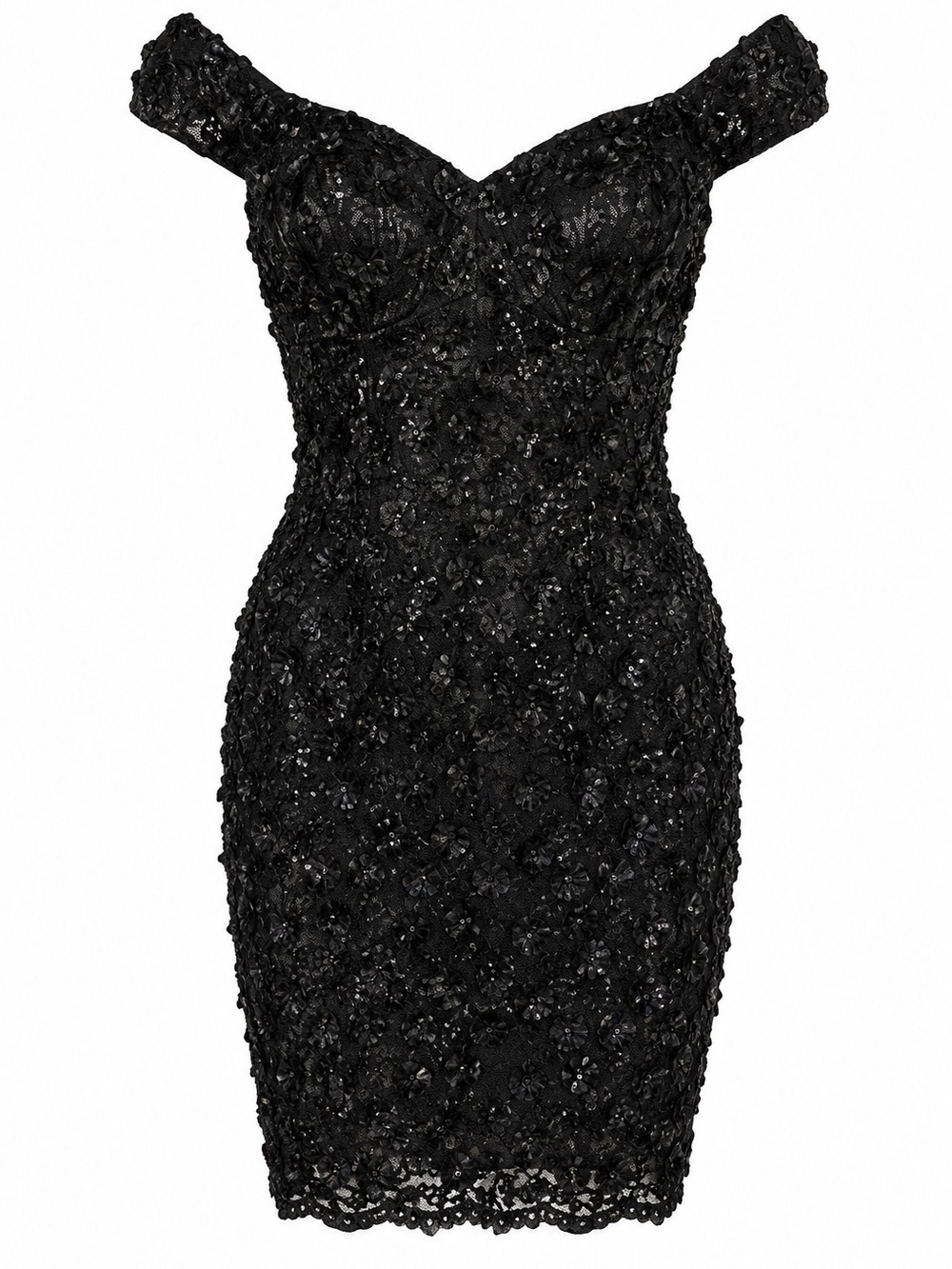 Nwt Aidan Mattox Black Lace Floral Pattern With Sequins Mini Dress